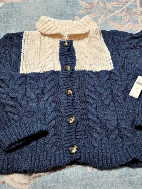 Pilcro Sweaters - PILCRO Collared Cable-Knit Cardigan Sweater Blue & Cream XL